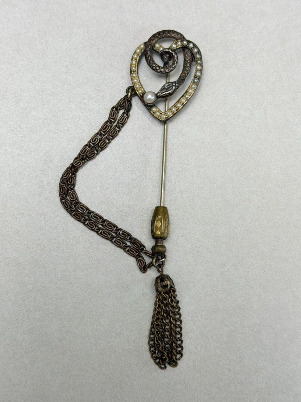 Antique Victorian Snake Heart Stick Pin Pearl Chain Tassel Brooch Unique